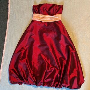 Next Eve strapless burgundy crimson formal dress w/cream sash, zip back,balloon